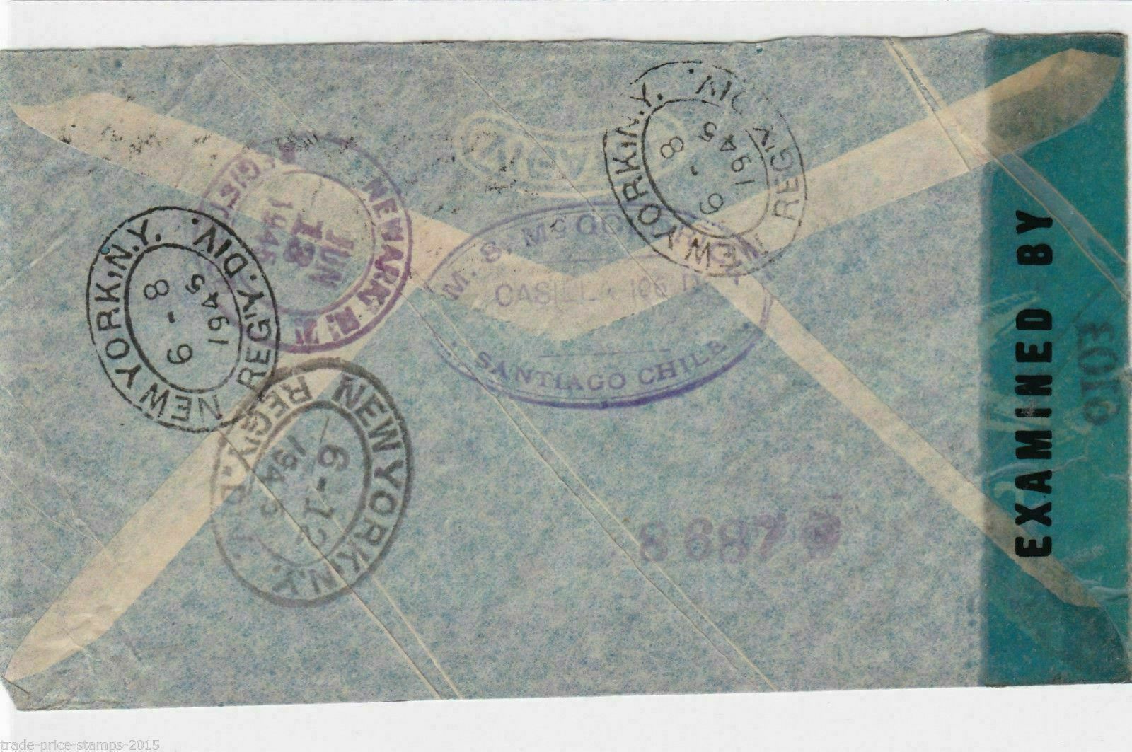 CHILE TO US 1941 COVER , MULTI CANCELS ON REVERSE & CENSOR. REF R385