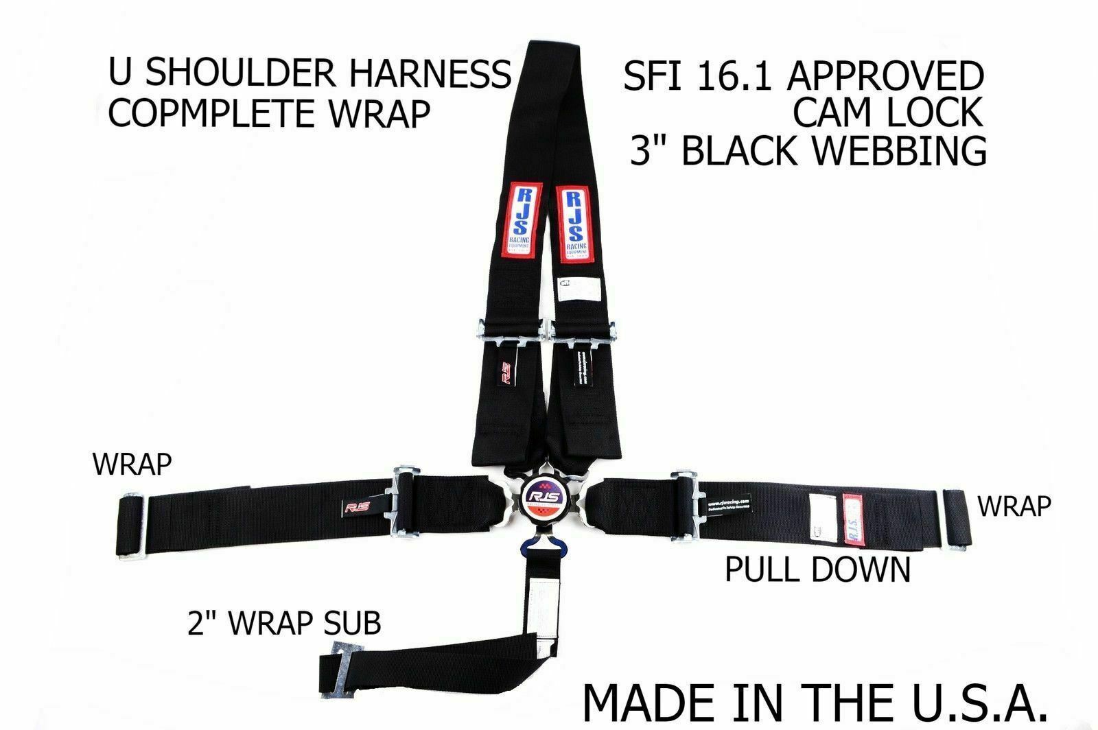 RJS RACING SFI 16.1 5 PTCAM LOCK HARNESS "U" ROLL BAR BLACK & ALL BLACK HARDWARE
