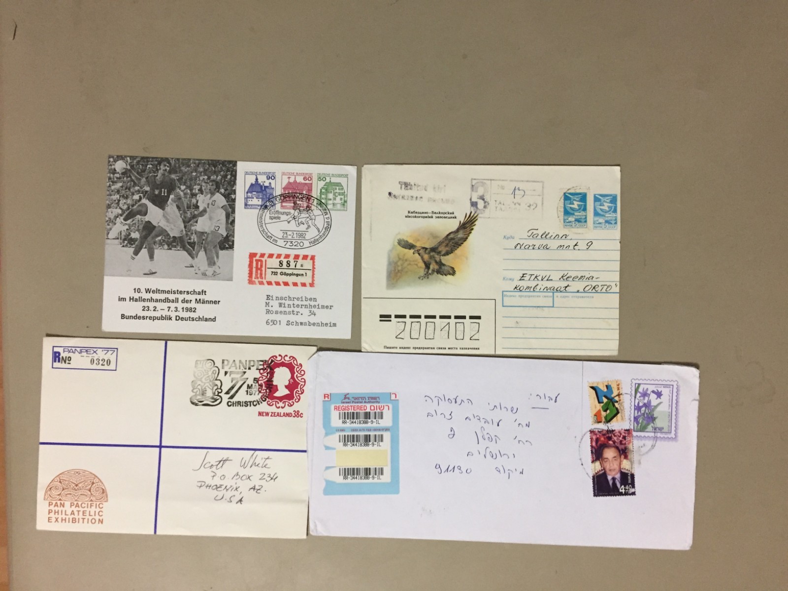 Four registered postal stationery:Russia,Germany,Israel,New Zealand