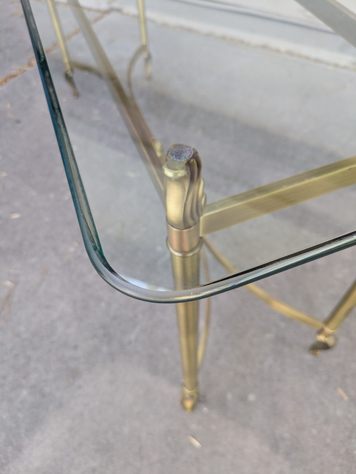 Vintage La Barge Style Glass Brass Console Table Flame Tip Hollywood Regency