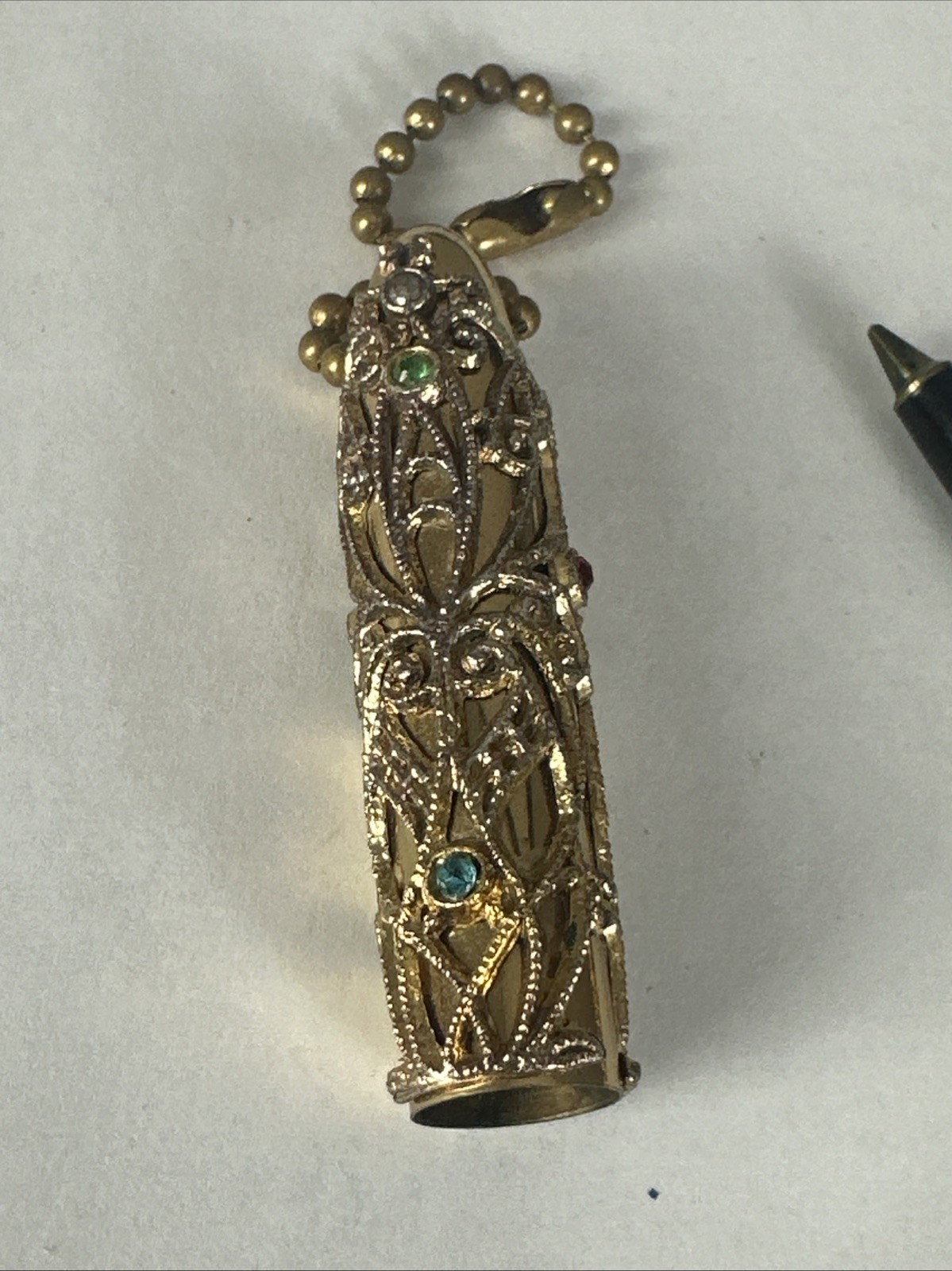 Antique Art Nouveau Ornate Gold Tone Filigree Chatelaine Pen Jeweled Case