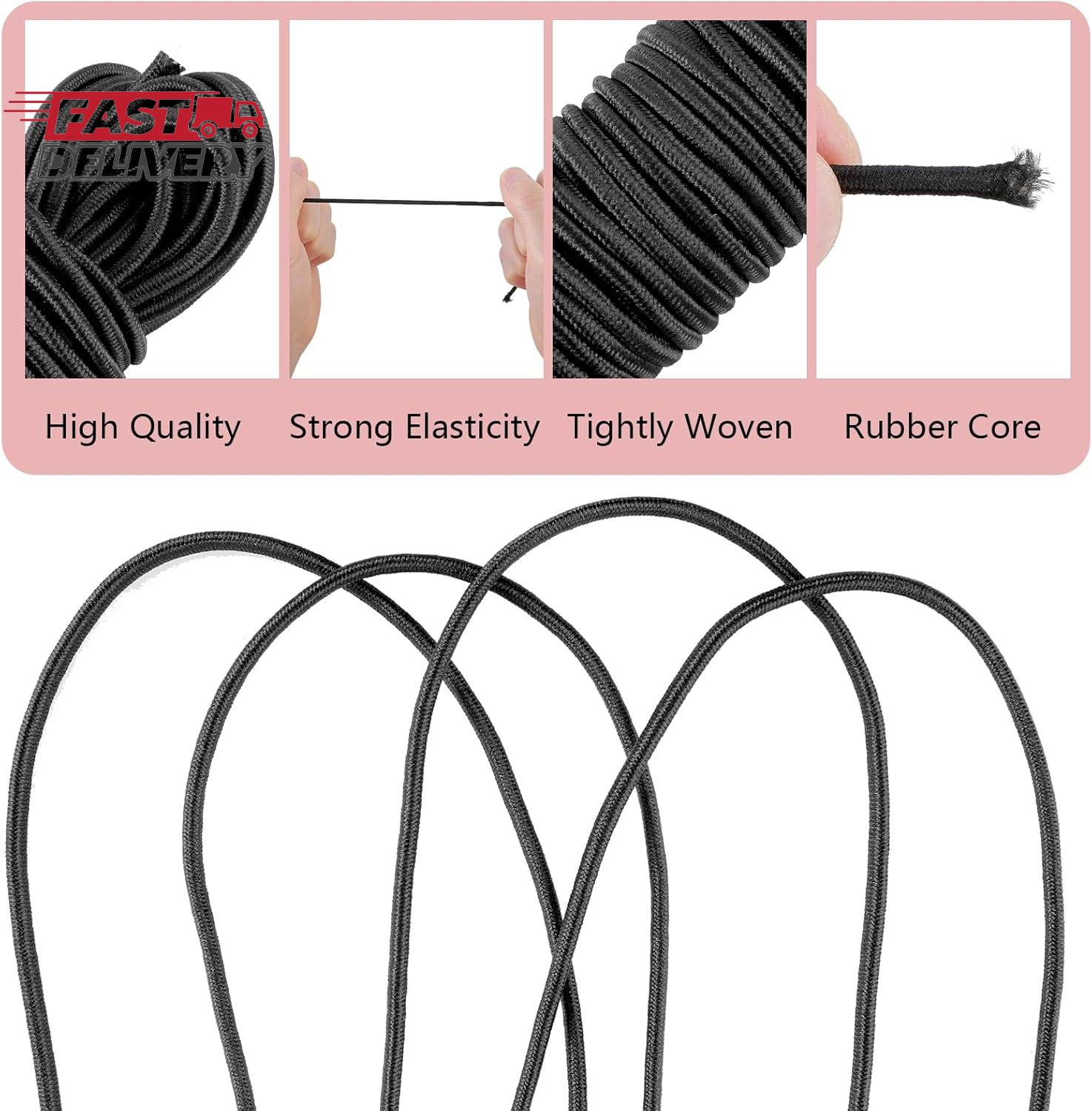 33Ft Long Kayak Bungee Cord 1/8 Inch Heavy-Duty Black Bungee Shock Cord Roll Ela