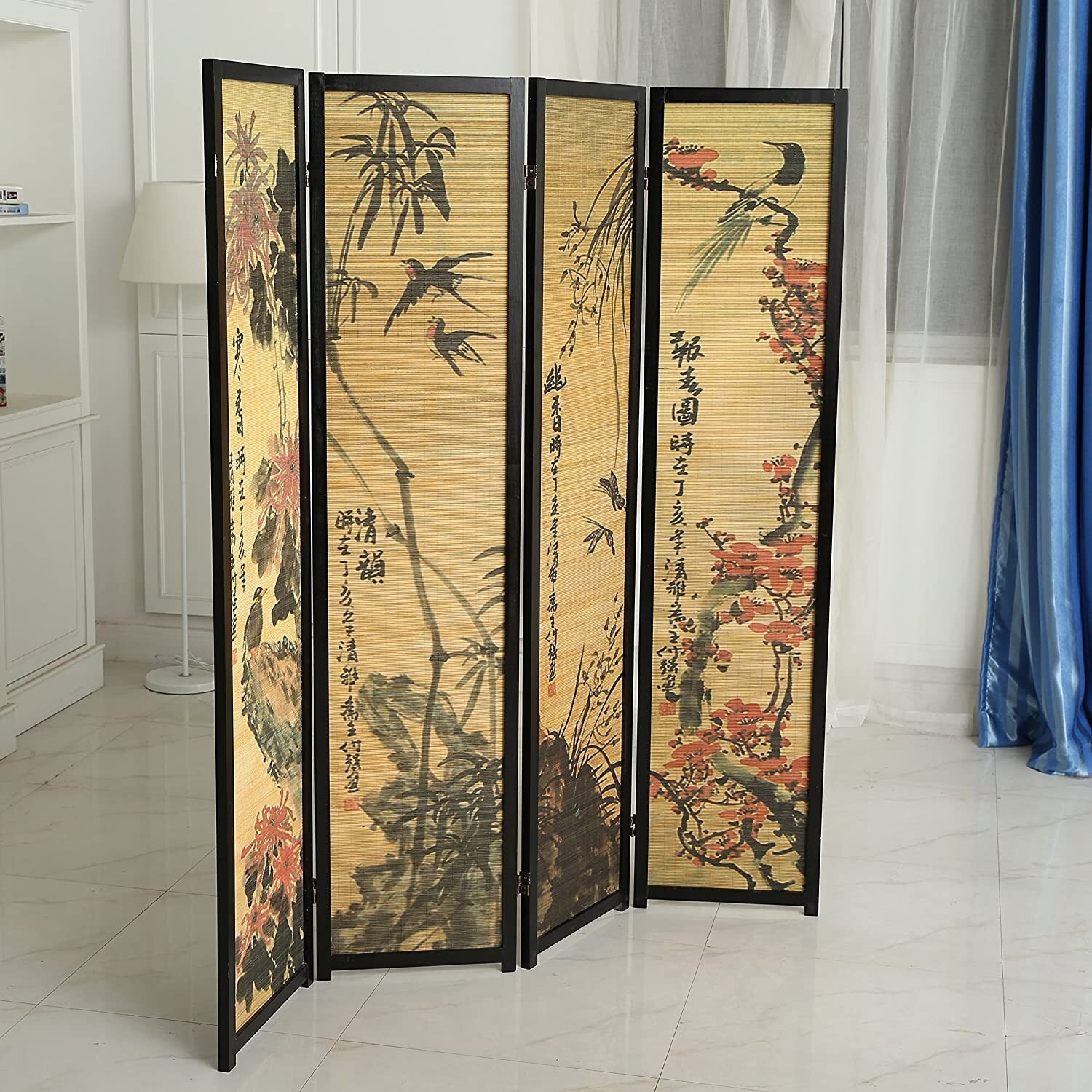 Decorative Chinese Calligraphy Design Black Wood & Bamboo 4 Panel Room Divider