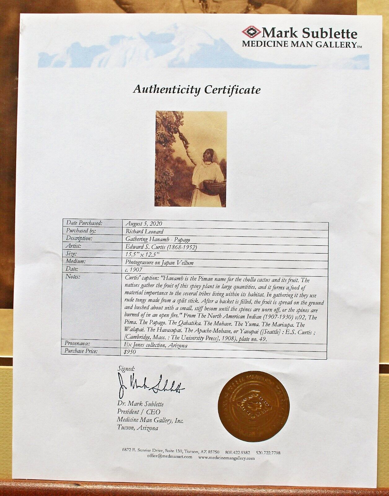 Original E S Curtis Large Format Photogravure on Japan Vellum "Gathering Hanamh"