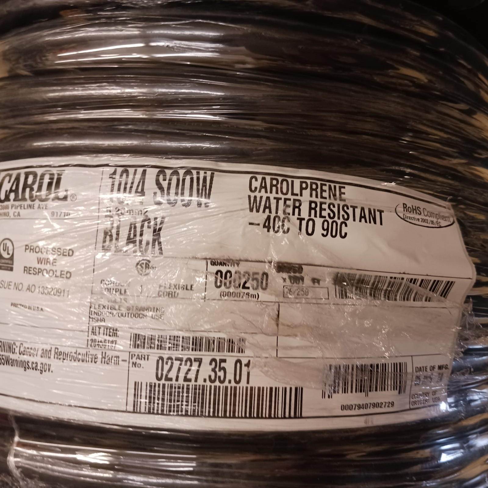 Carol #02727.35.01 Black SOOW 10-4 Water Resistant Flexible Rubber Cord 25 Ft.