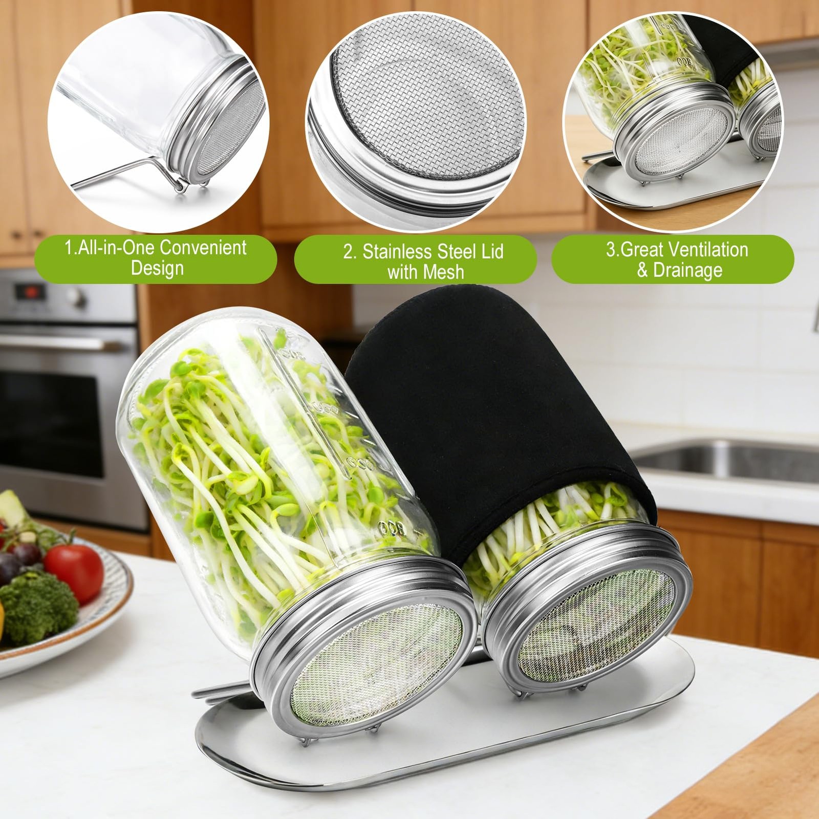 Sprouting Lids for Wide Mouth Mason Jars, 2Pack Reusable Stainless Steel Screen