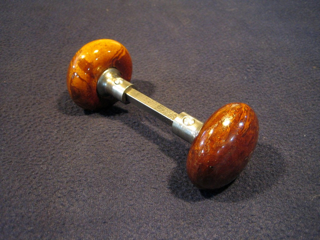 Pair Antique Brown Marble Swirl Tiger Eye Bennington Porcelain Door Knobs 1890's