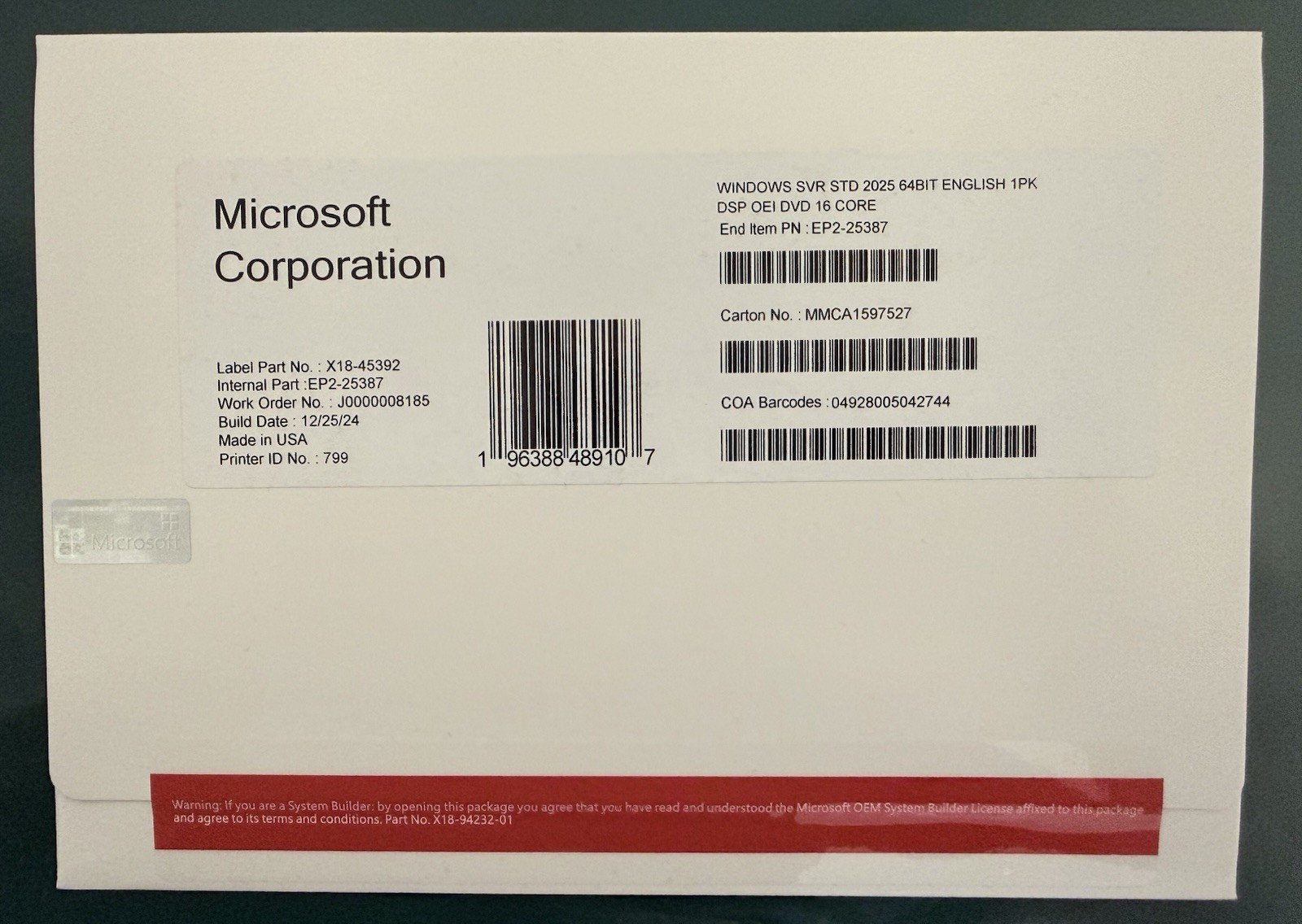 Windows Server 2025 Standard 64Bit  | 16 -Core DVD Pack