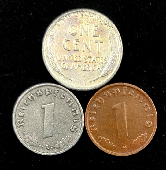 WWII-Era Germany & U.S. 3-Coin Set – 1 RP Zinc, 1 RP Bronze, 1943 Steel Penny