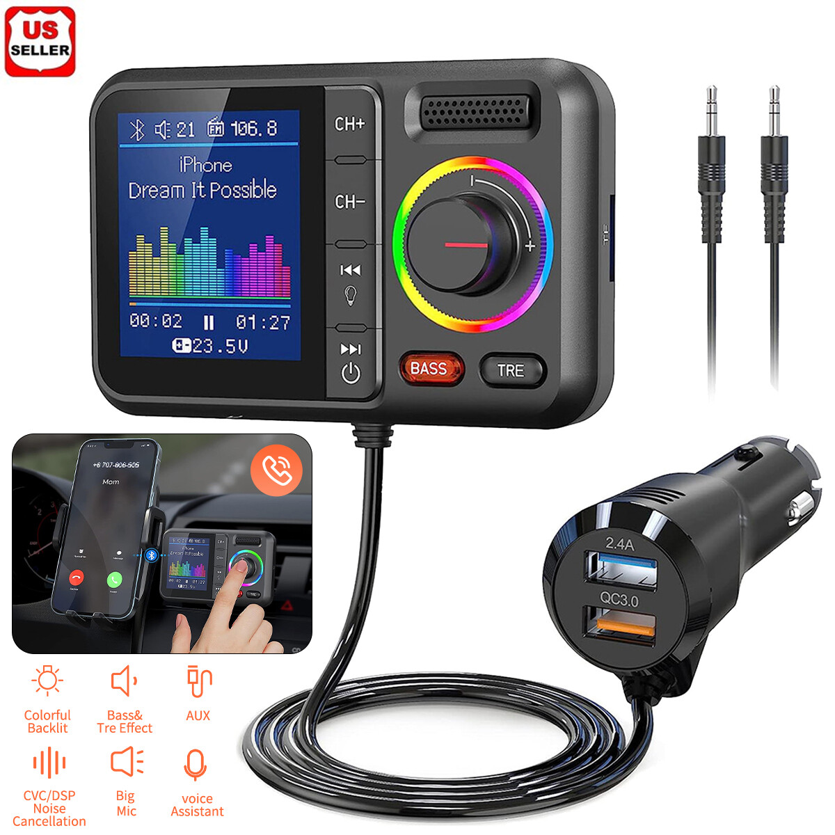 Car FM Wireless Bluetooth Transmitter MP3 Player 2USB Fast Charger Adapter USA
