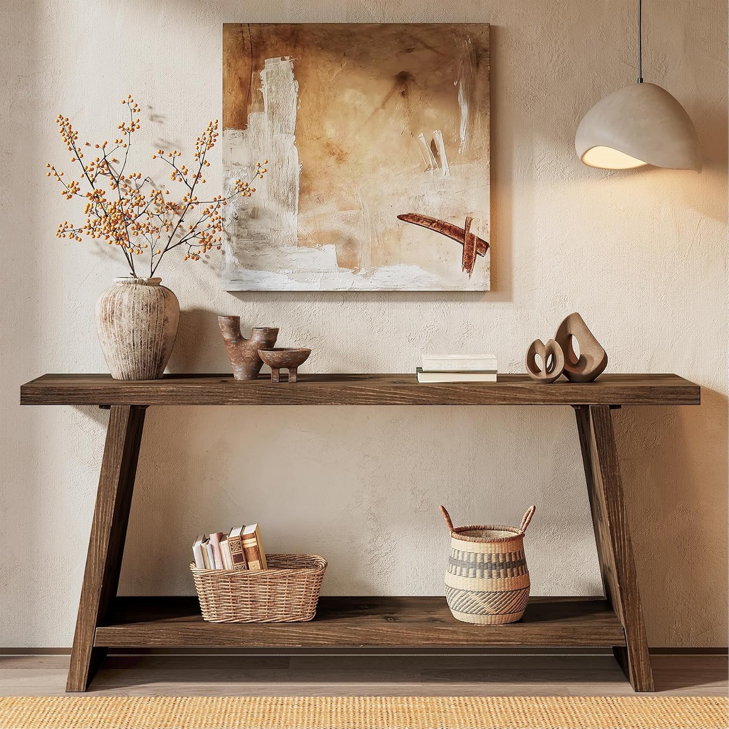 70.9 Inch Solid Wood Console Table 2-Tier Farmhouse Narrow Entryway Sofa Table