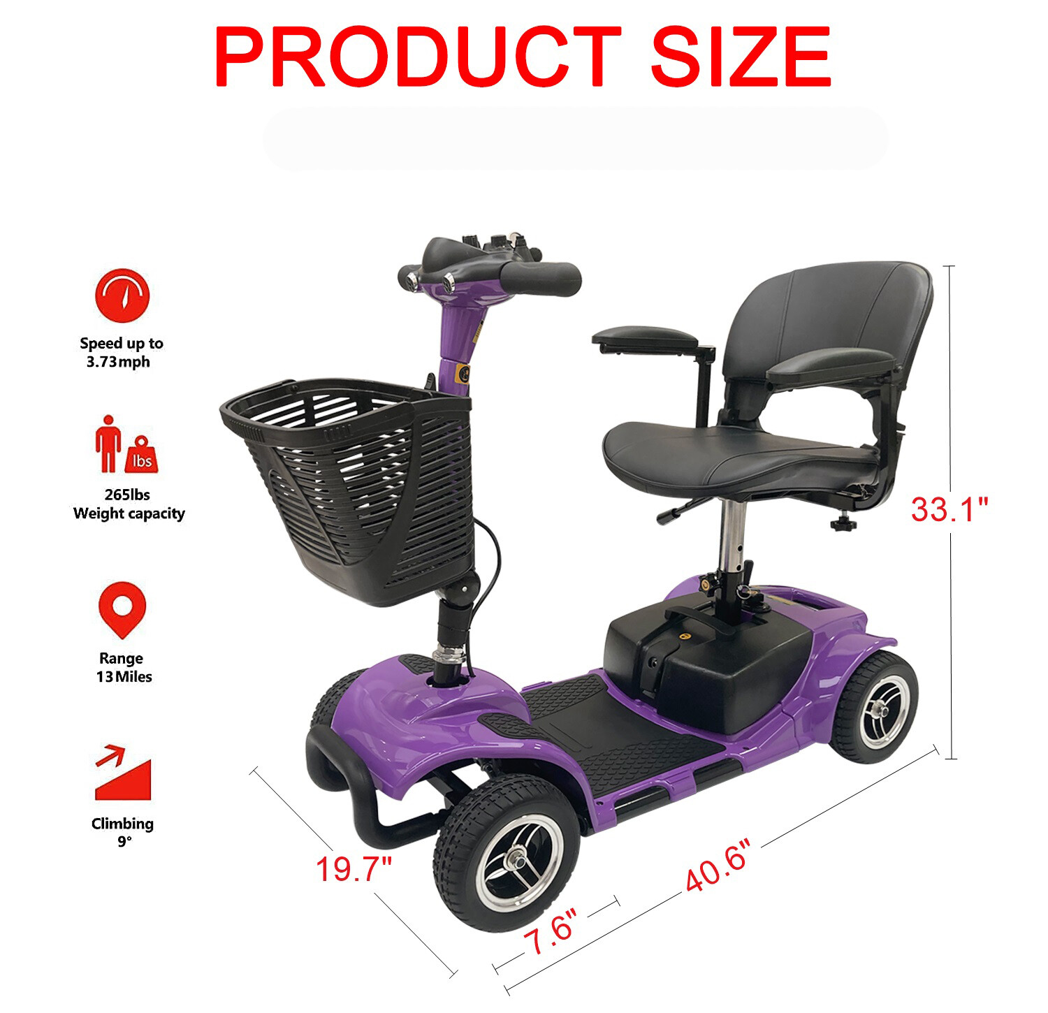 4 Wheel Mobility Scooter Folding Drive Device, Loading Capacity 265 lbs (Purple)