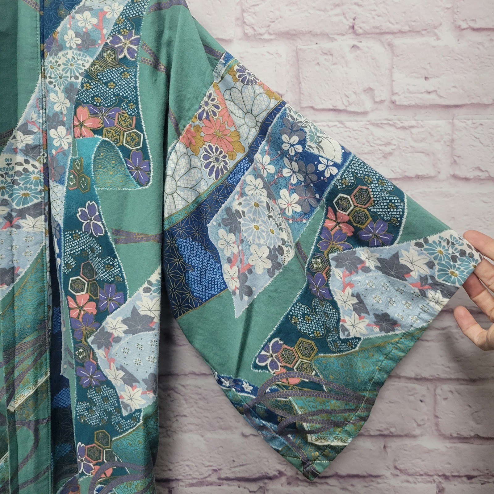 VTG Japanese Kimono Yakuta Robe Womens Sz 42 Traditional Blue Patchwork Floral