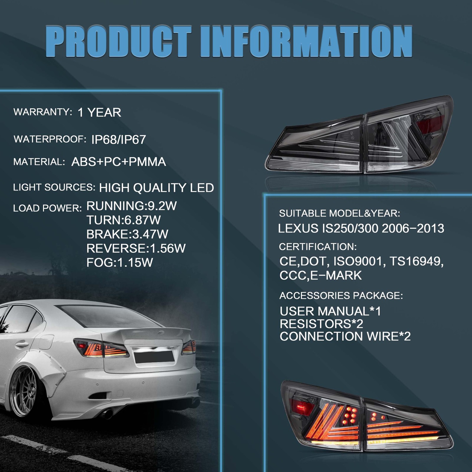 Tail lights Assembly Fit for Lexus IS 2nd Gen 2006-2012 Lexus IS250 IS350