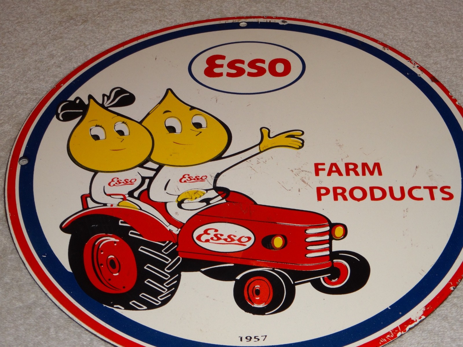 VINTAGE 1957 ESSO FARM OIL DROP BOY GIRL 11 3/4" PORCELAIN TRACTOR GASOLINE SIGN