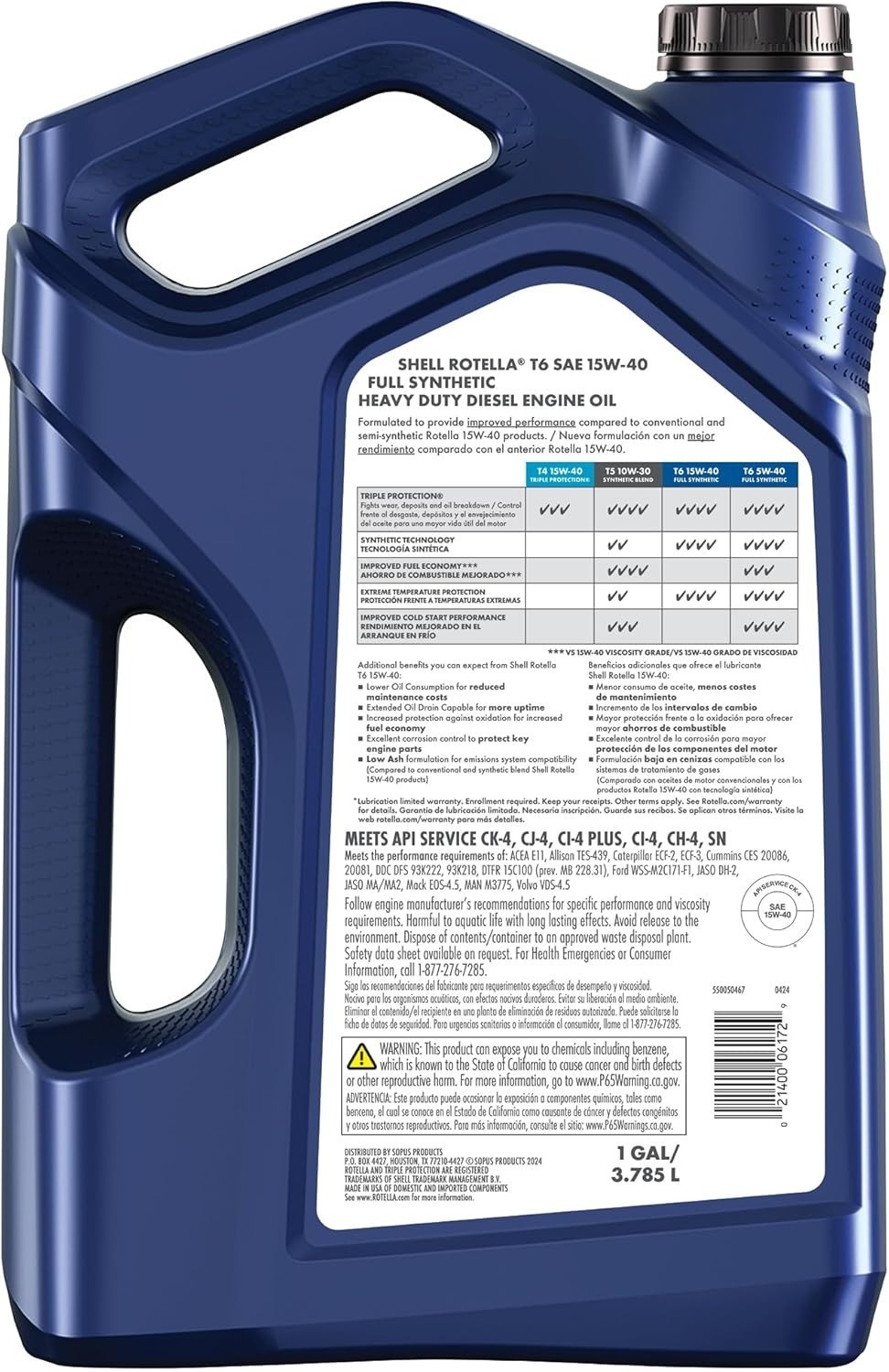 3 Pack. Shell Rotella T6 Full Synthetic 15W-40 Diesel Engine Oil, 1 Gallon