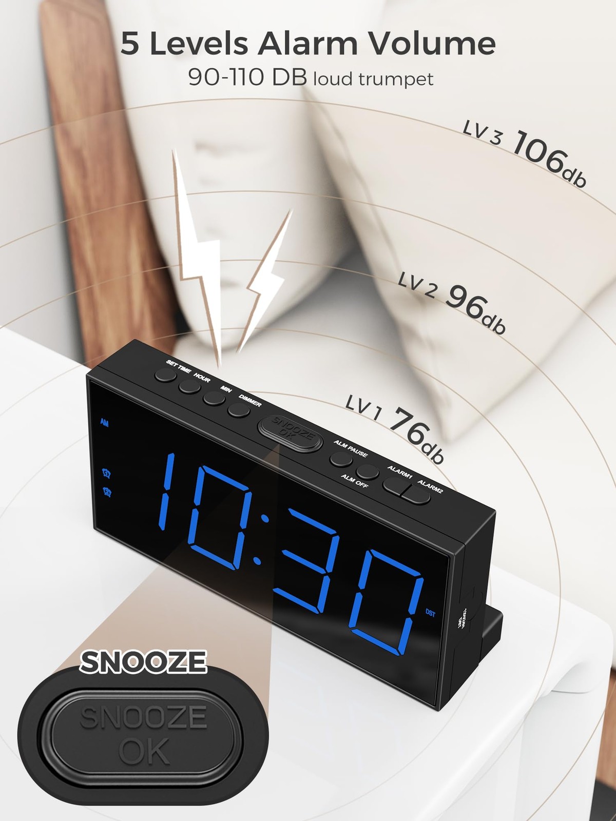 Digital Dual Alarm Clock Large Display Bedside Clock USB Phone Charger Loud LED