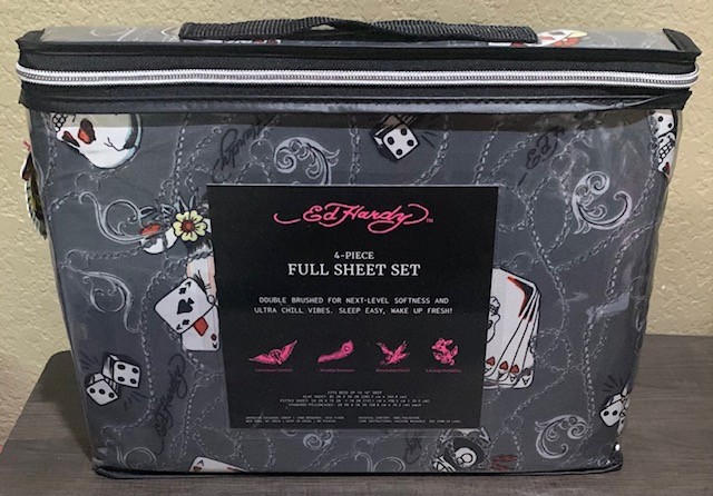 Ed Hardy Grey w/Chains, Cards, Dice, "7", Lucky Skulls &Logos 4pc FULL Sheet Set