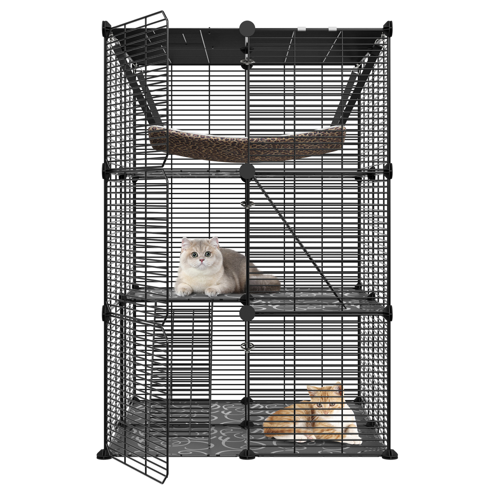 1-2 Cats Cage Indoor Cat Enclosures Cat Playpen Metal Kennel w/ Large Hammock