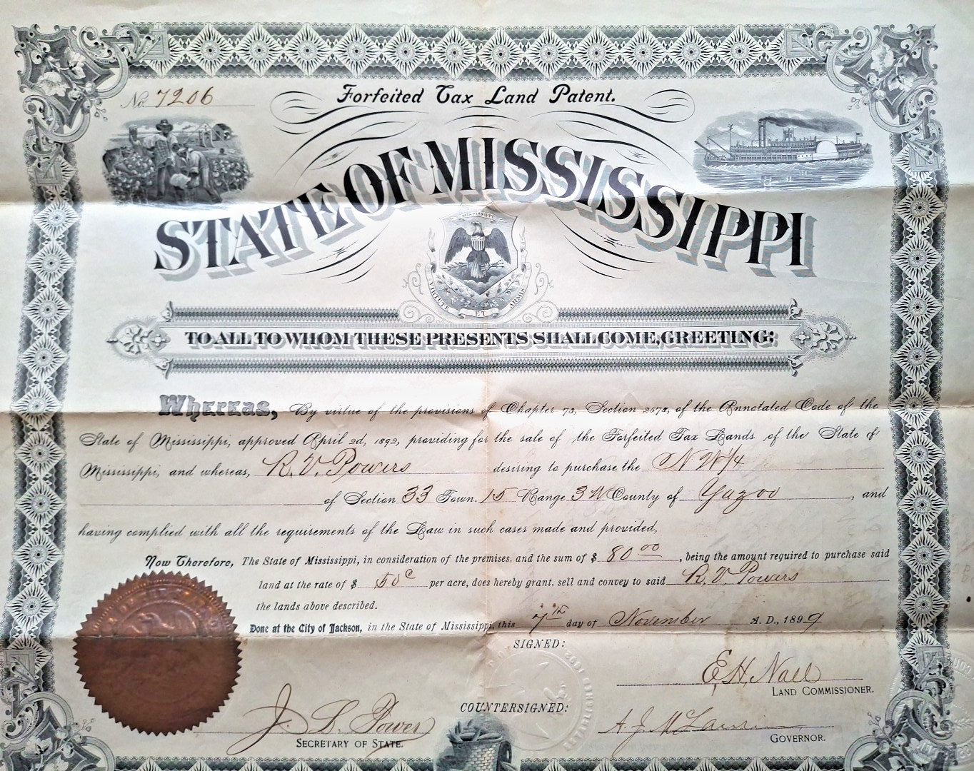1899 Yazoo County Mississippi Forfeited Land Document Signed by Gov A J McLaurin