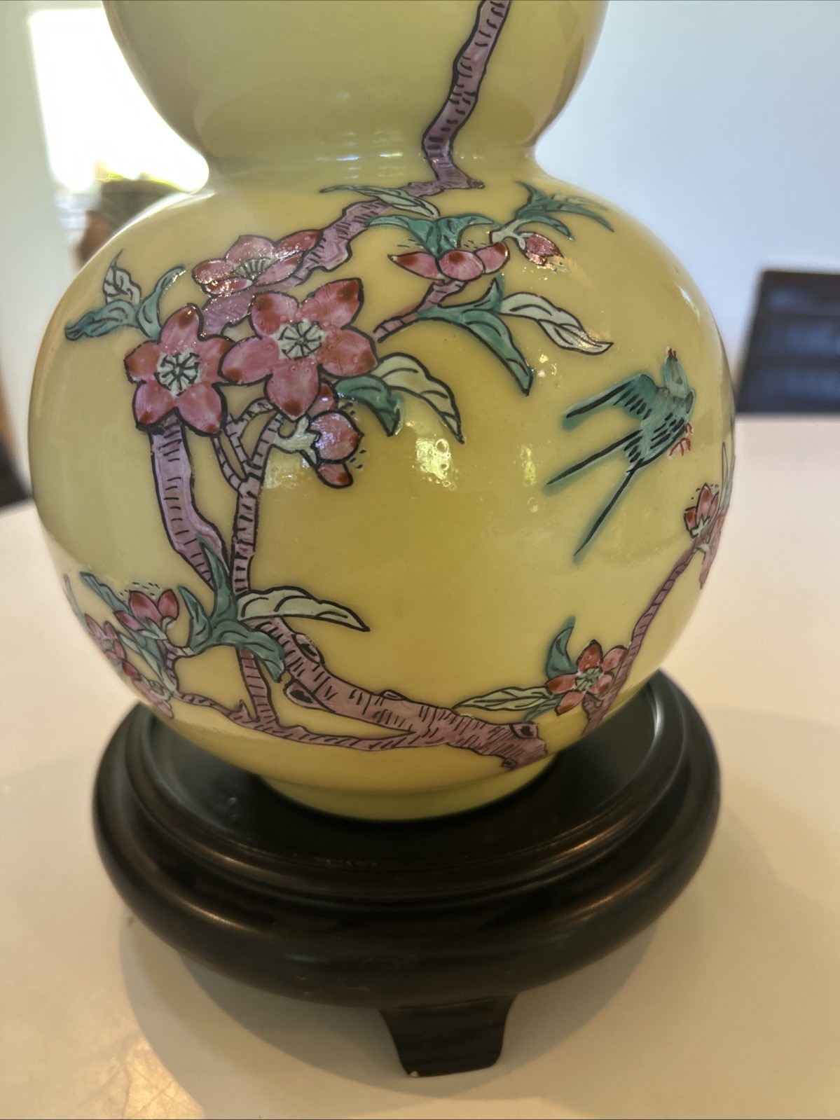 Vtg Chinese Famille Floral Birds Gourd Shaped Porcelain Vase