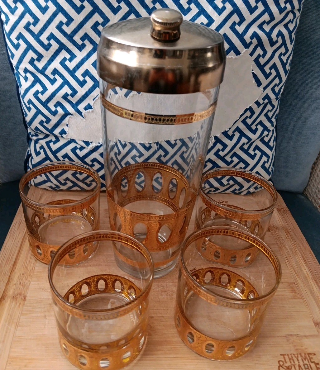 Vtg MCM 60s Culver Antigua Cocktail Shaker Low Ball 5 Pc Barware Set 22k Gold