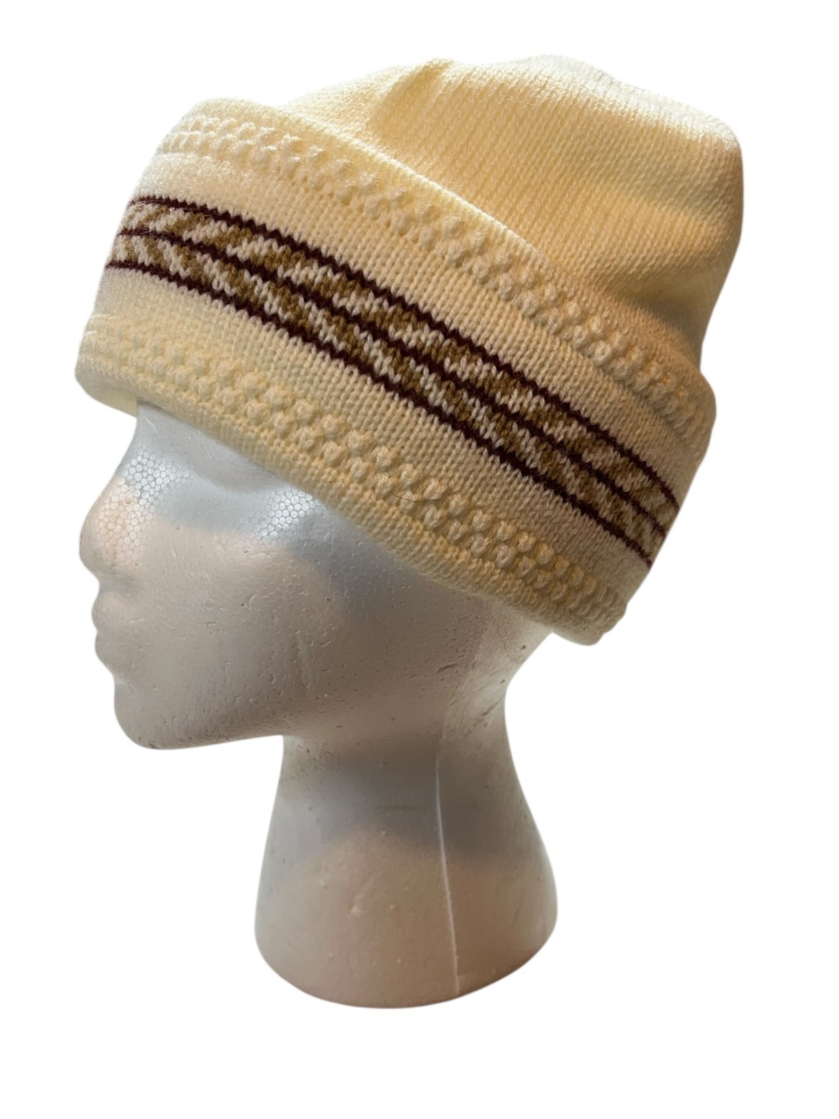 Vintage 70s Hat  Stocking Cap English Village Acrylic Knit Cream Brown Design