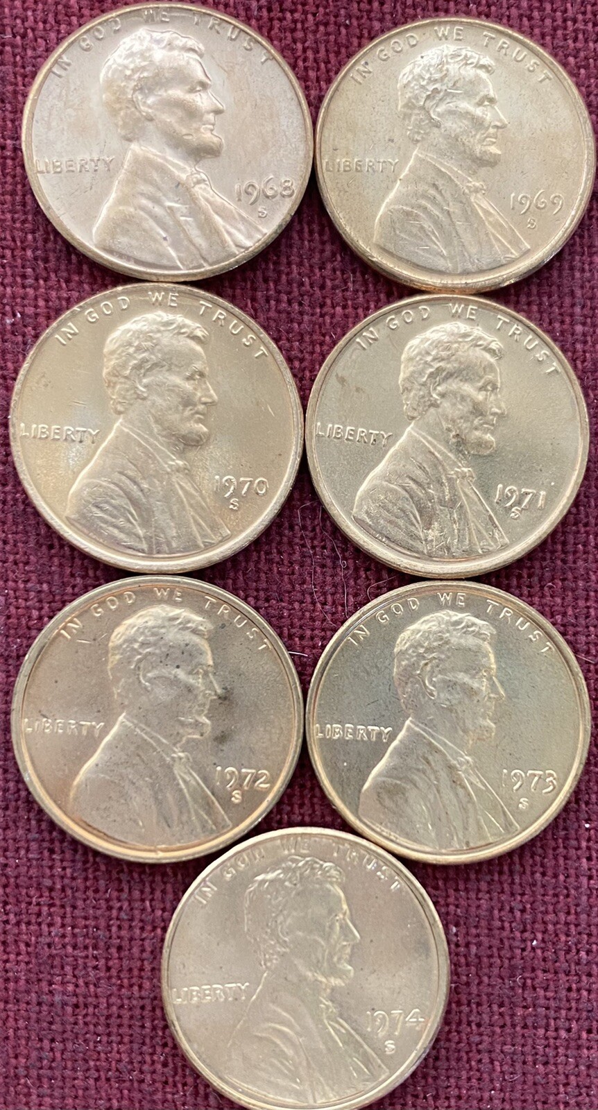 1968S 1969S 1970S 1971S 1972S 1973S 1974S 7 LINCOLN MEMORIAL CENTS UNCIRCULATED