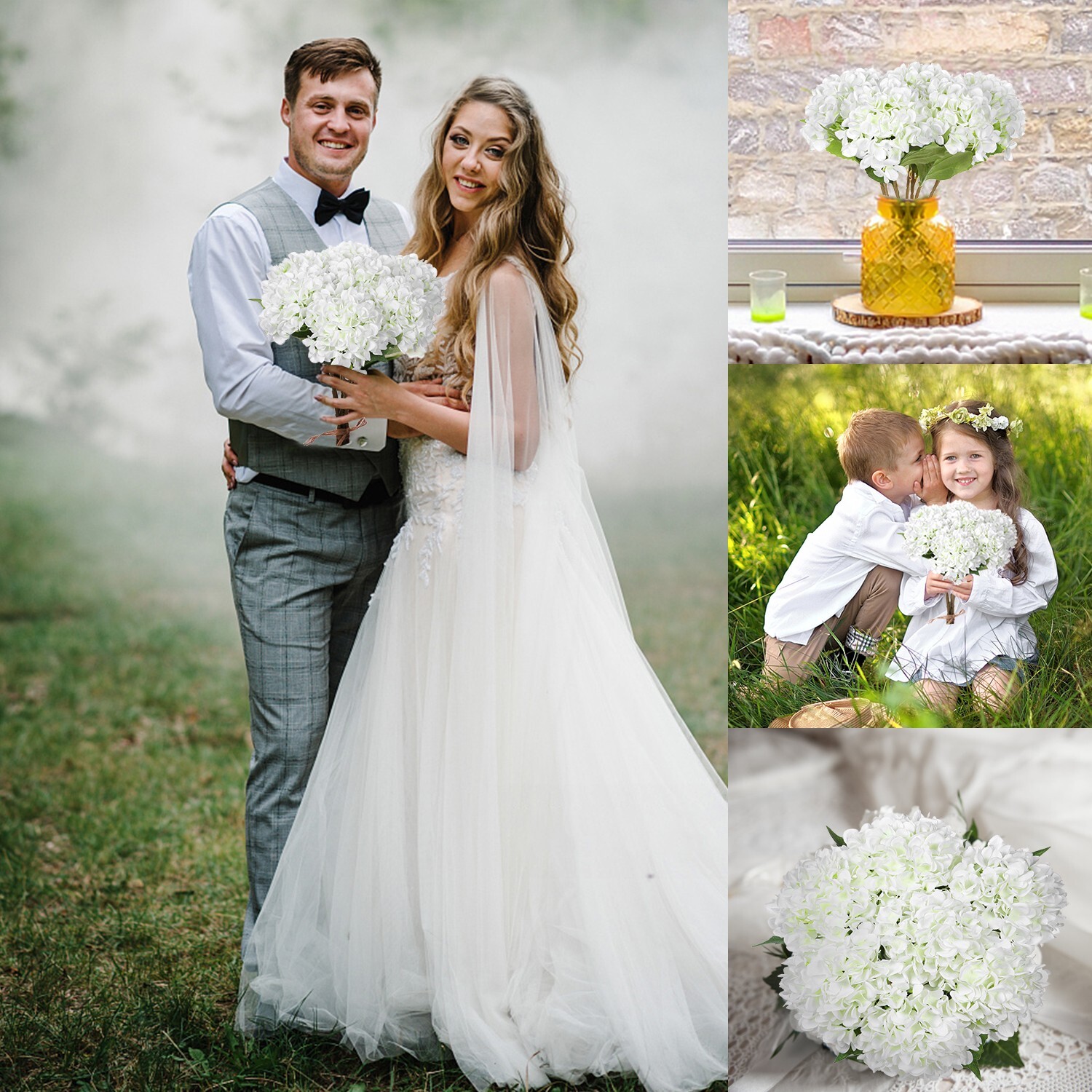 EZFLOWERY 5 Pcs Artificial Silk Hydrangea Flowers 18'' Bouquet Arrangement White