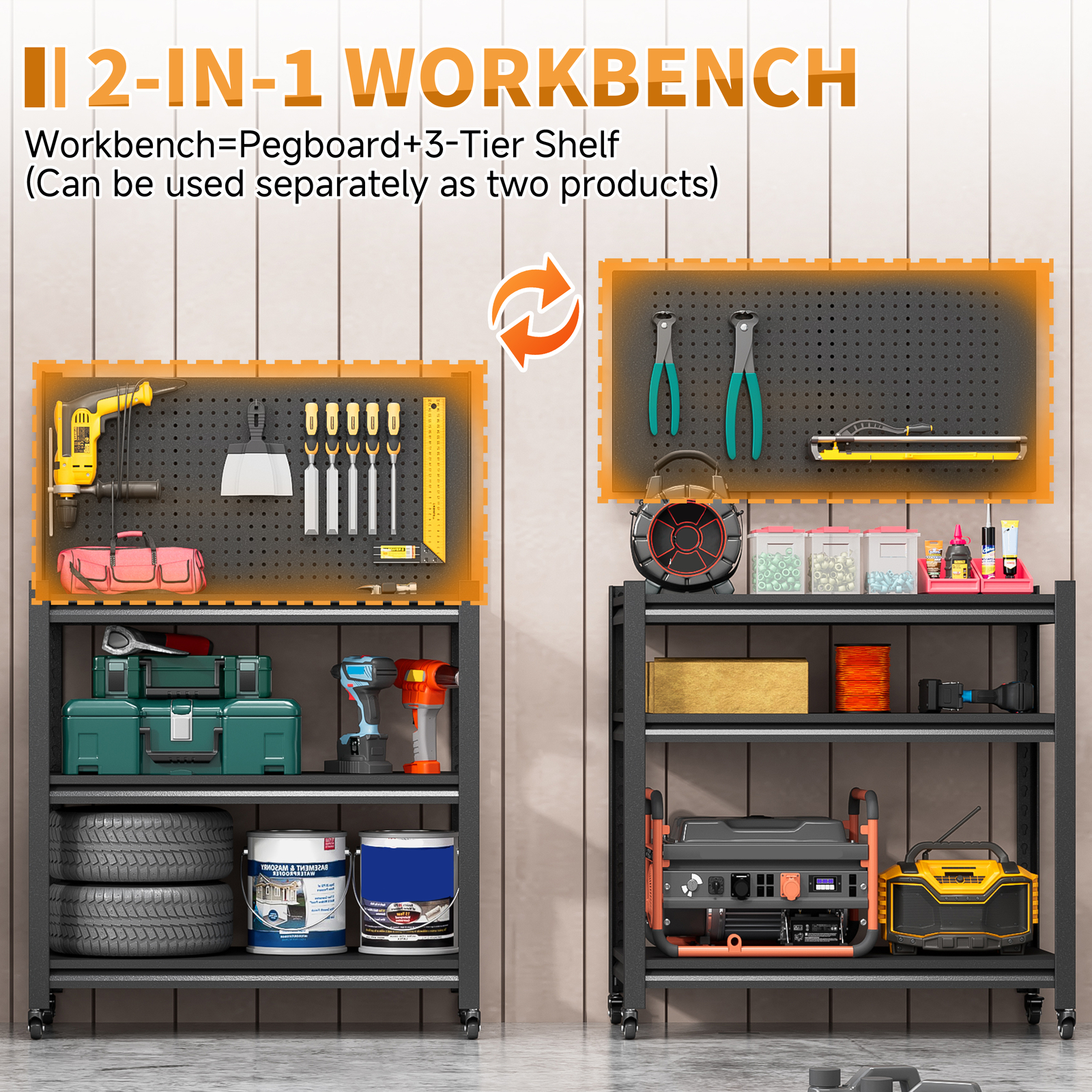 Metal Adjustable Workbench w/ Pegboard Rolling Garage Tool Storage Shelving Rack