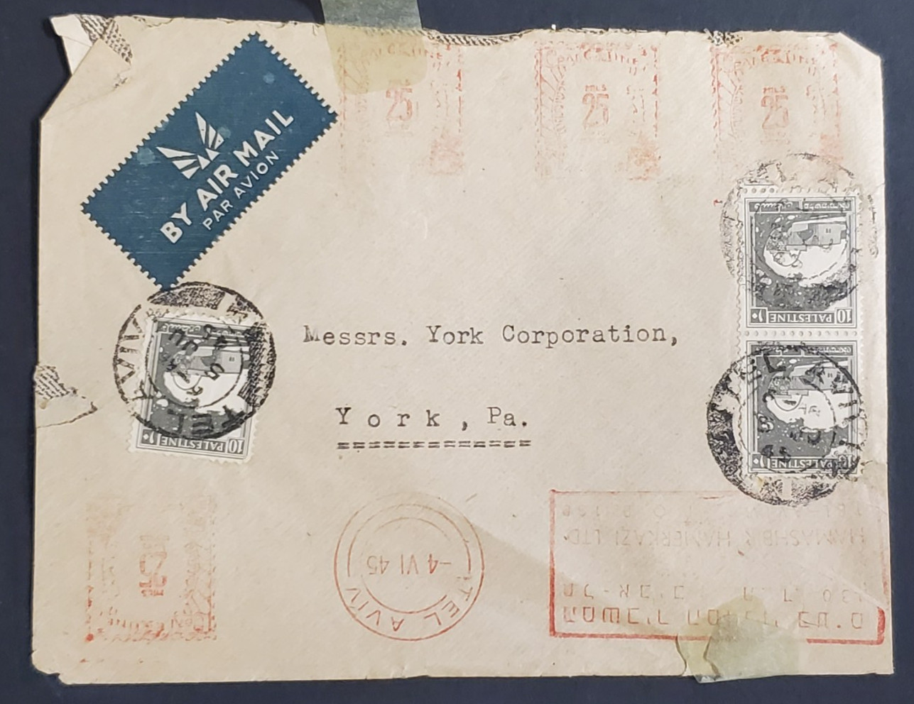 Palestine, nice 1945  air cover front with 4 meter stamps and 3 stamps to USA