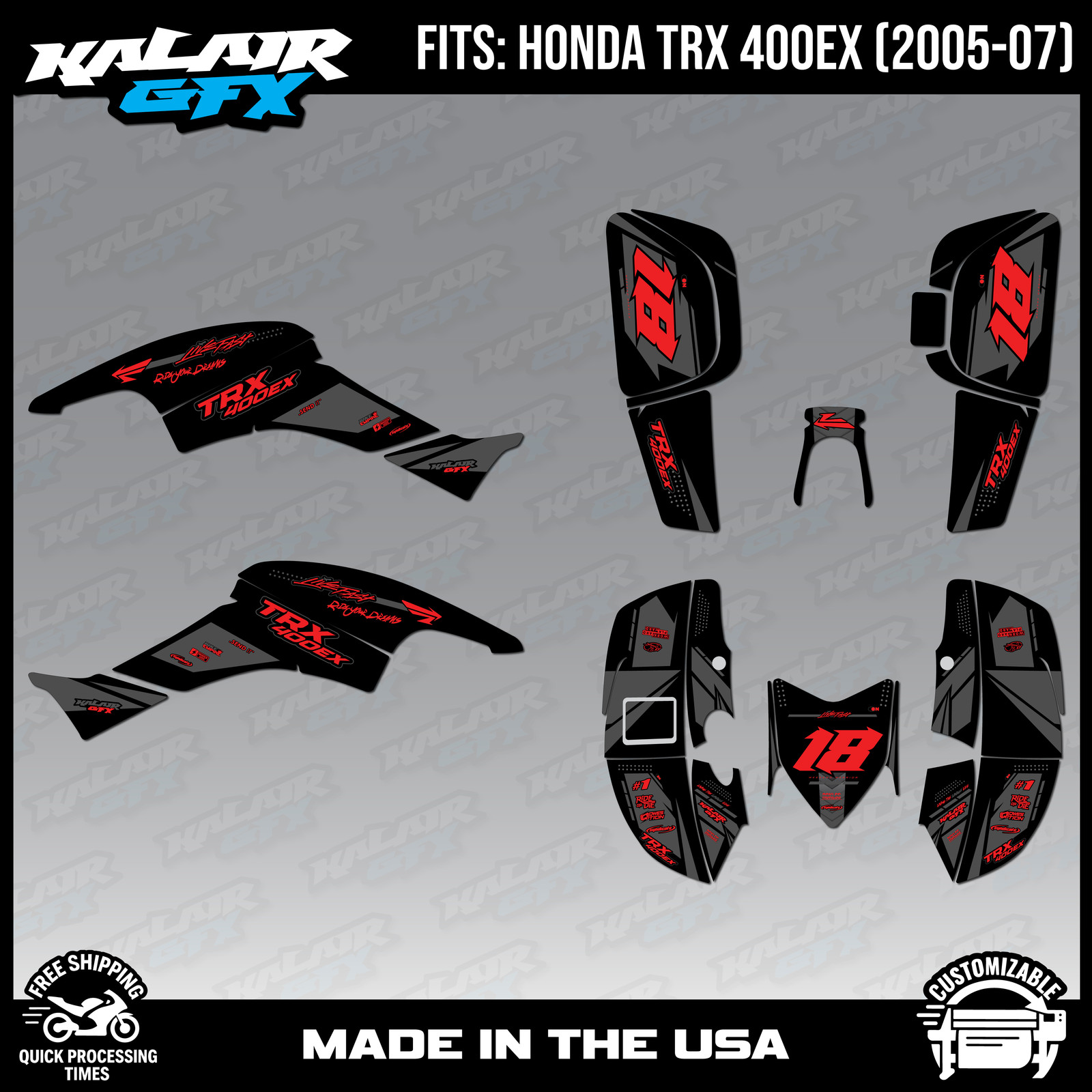 Graphics Kit for HONDA TRX400EX (2005-2007) 16MIL Rebel Series - Red Shift