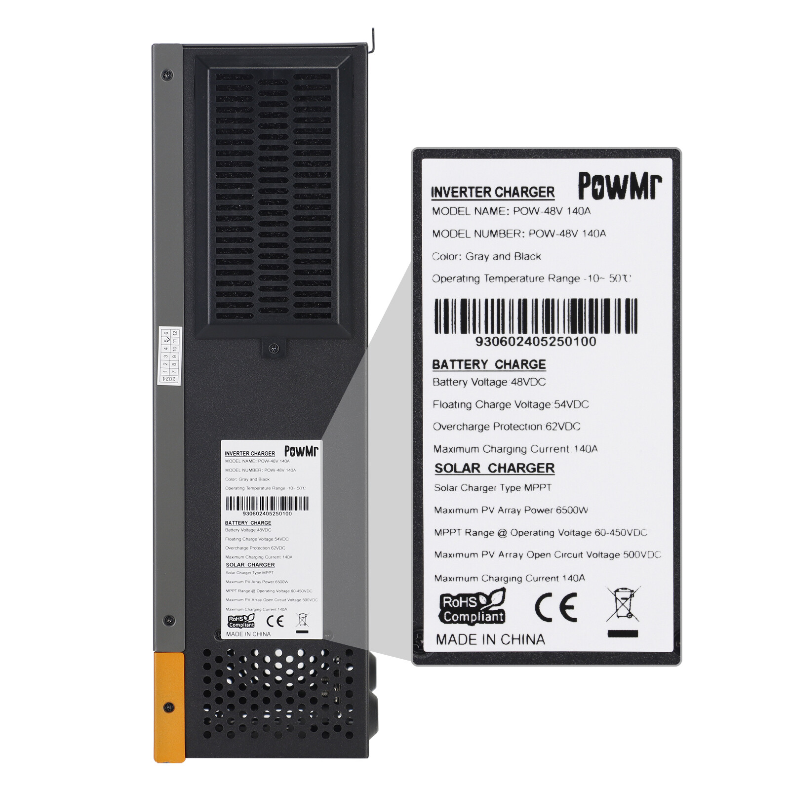 POWMR 48V 140A MPPT Solar Charge Controller PV Max500V Lithium Battery Regulator