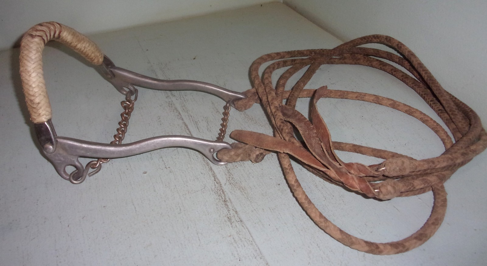 Sleister Aluminum Mechanical Hackamore Rawhide Nose Split Cord Reins w/ Poppers