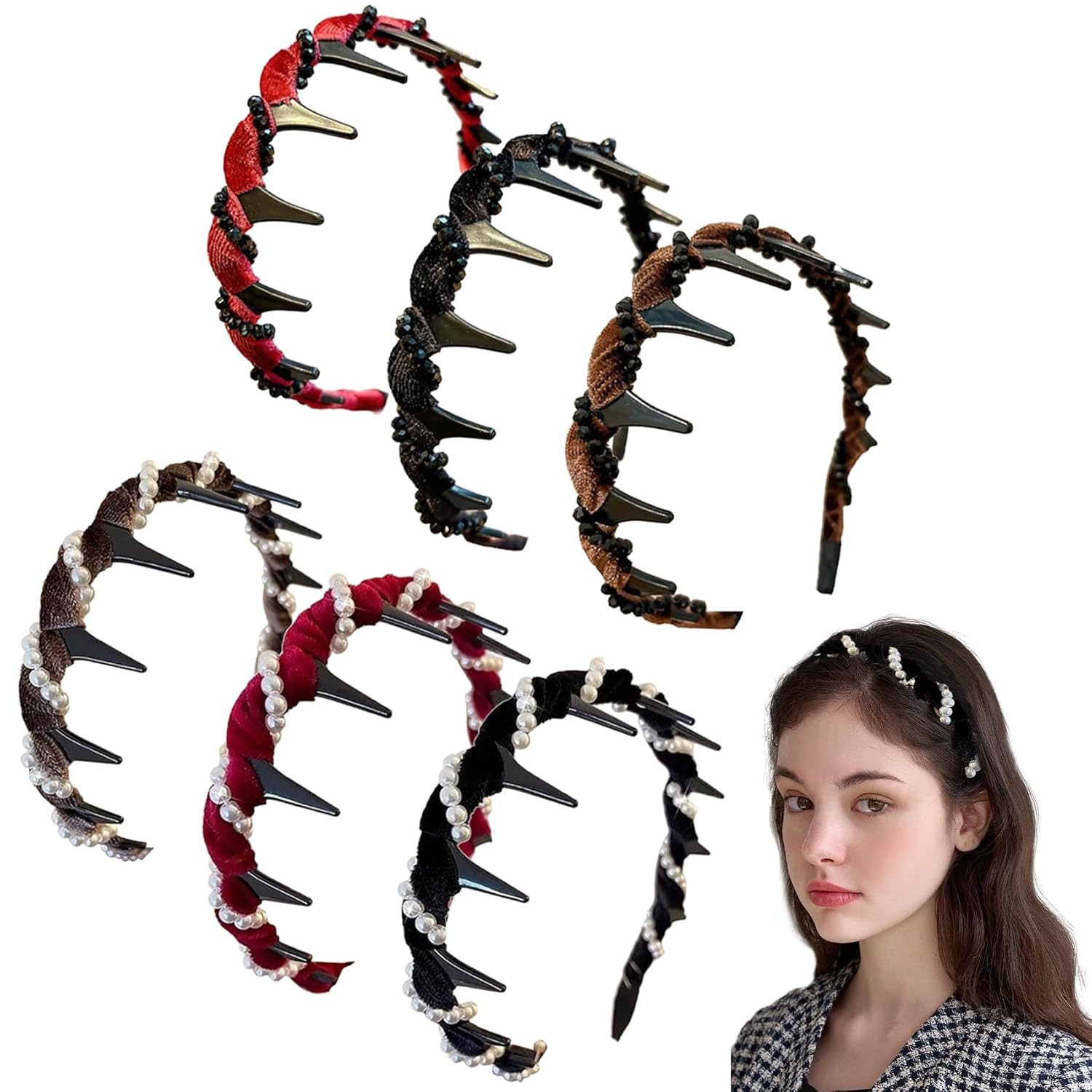 6Pcs Headbands with Teeth for Women Retro High Skull Pearl Headbands Non Slip