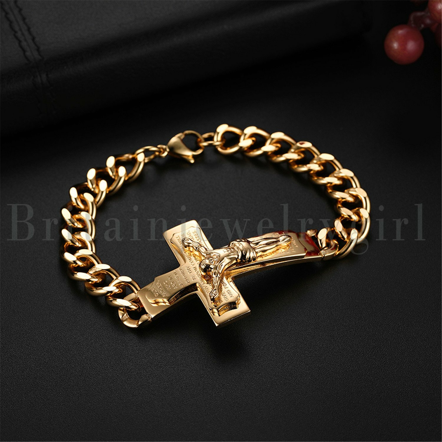Stainless Steel Jesus Crucifix Cross Prayer Curb Chain Bracelet Wristband Men