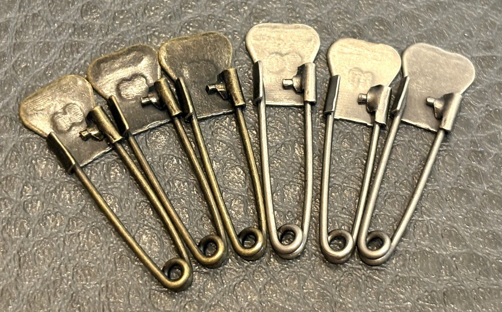 Vintage Small Safety Pins Blank Brass & Silver Tone With Words & Numbers Antique