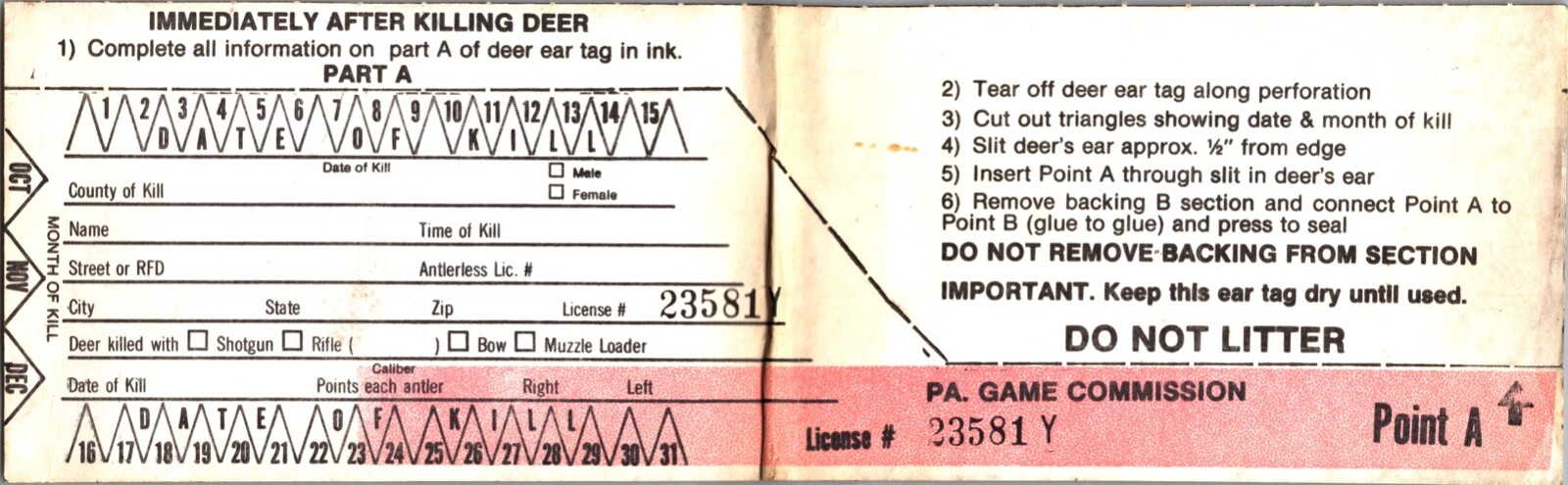 Vntage 1960's Deer Tag Pennsylvania