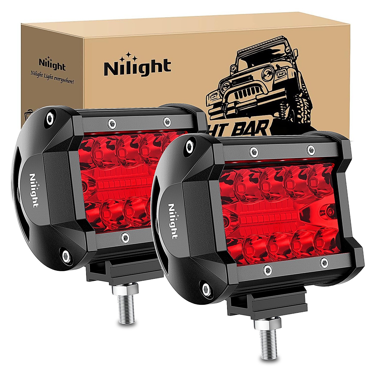 Nilight 4" LED Light Pod Red Triple Row 2PCS 60W Flood Spot Combo Lights