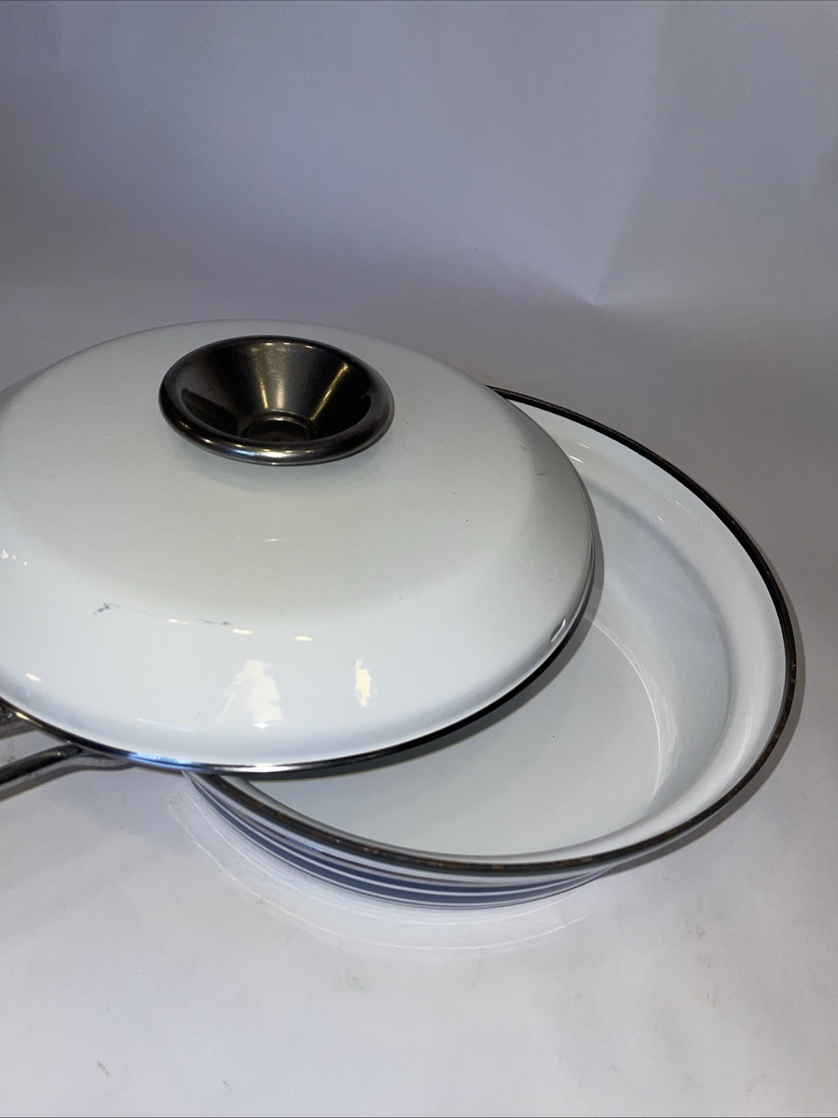 Cathrineholm Norway Blue Stripe White 8.5” Wide Enamel Frying Pan Skillet