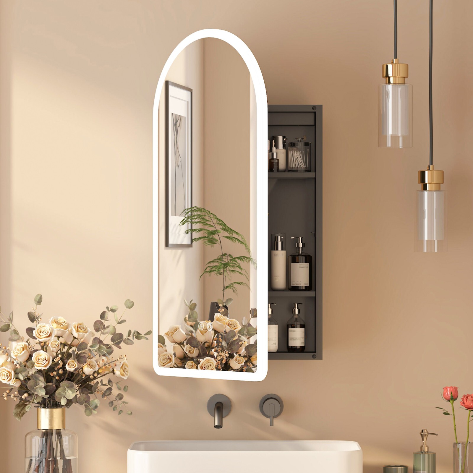 Arched LED Lighted Bathroom Medicine Mirror Cabinet with Anti-Fog Dimmable Light