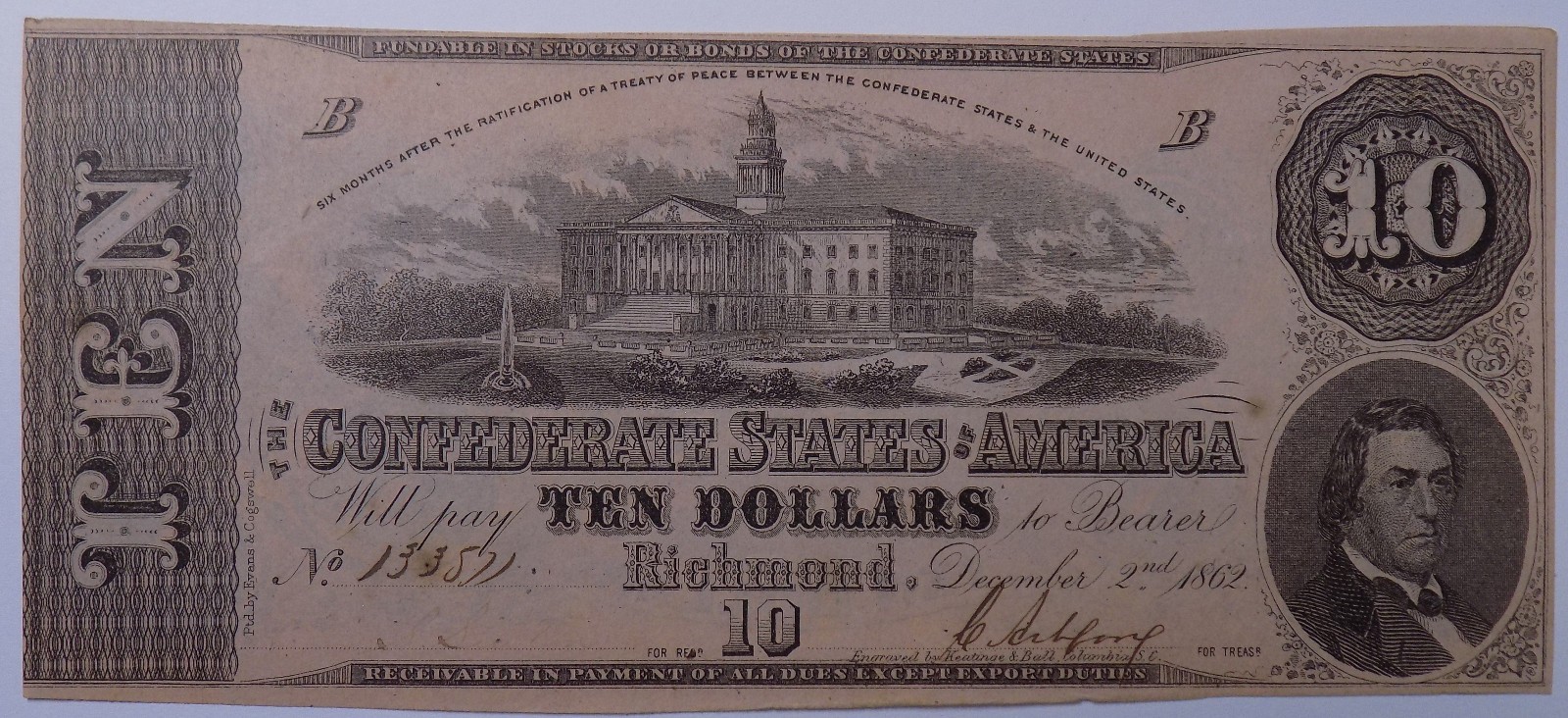 1862 $10 Confederate States of America T-52 AU