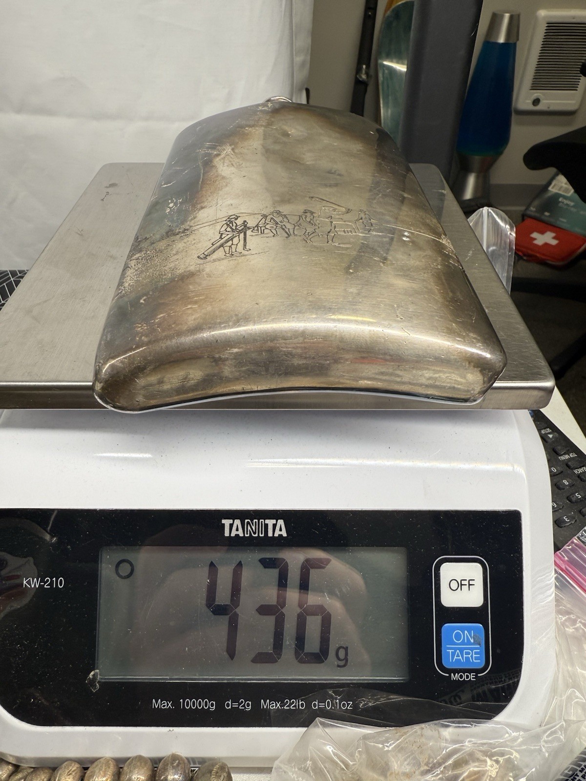 Dented / Damaged MERIDEN B SILVER PLATE Whiskey Flask - Golf Monogram