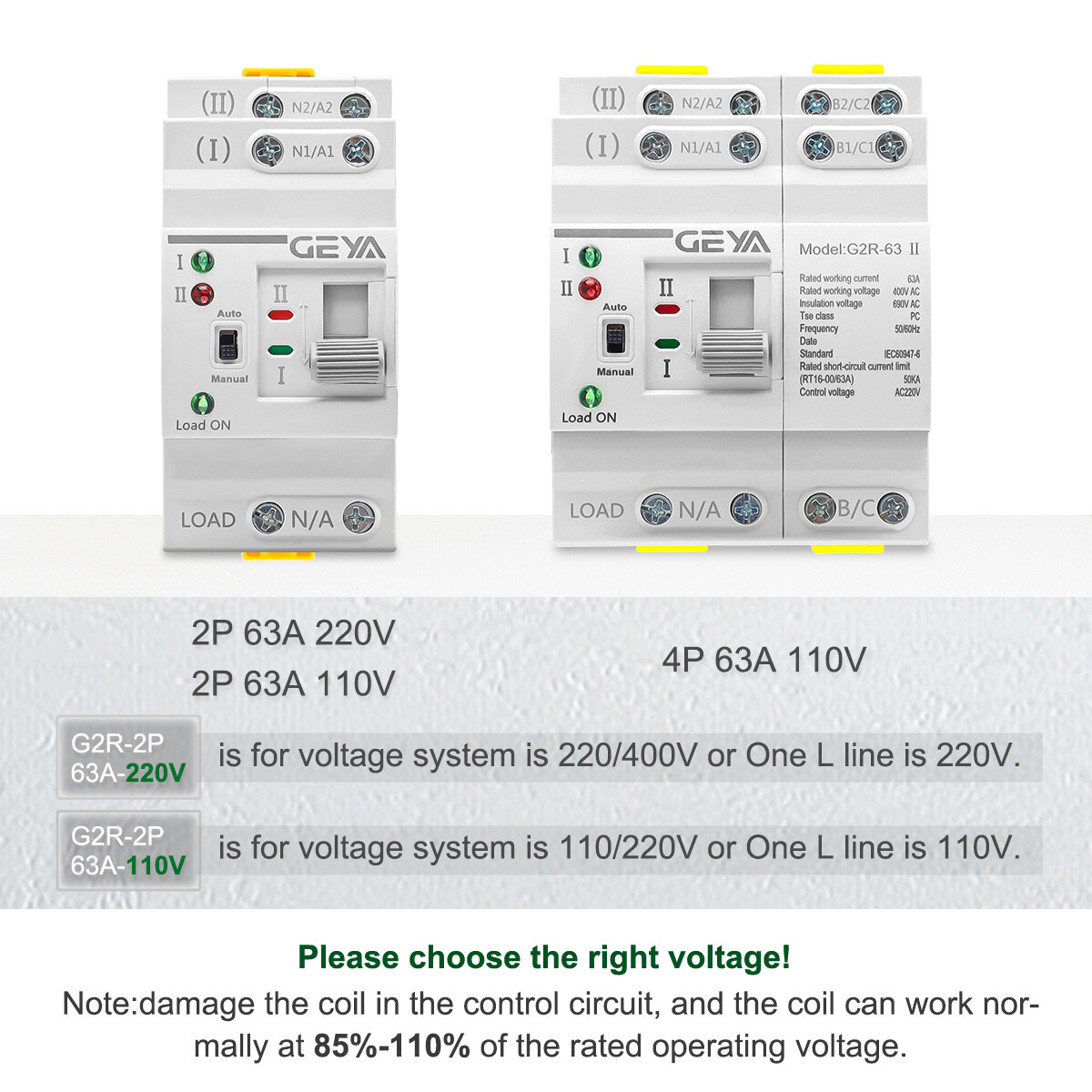 GEYA Mini Dual Power Automatic Transfer Switch Grid to Alternator 2P 63A 220V
