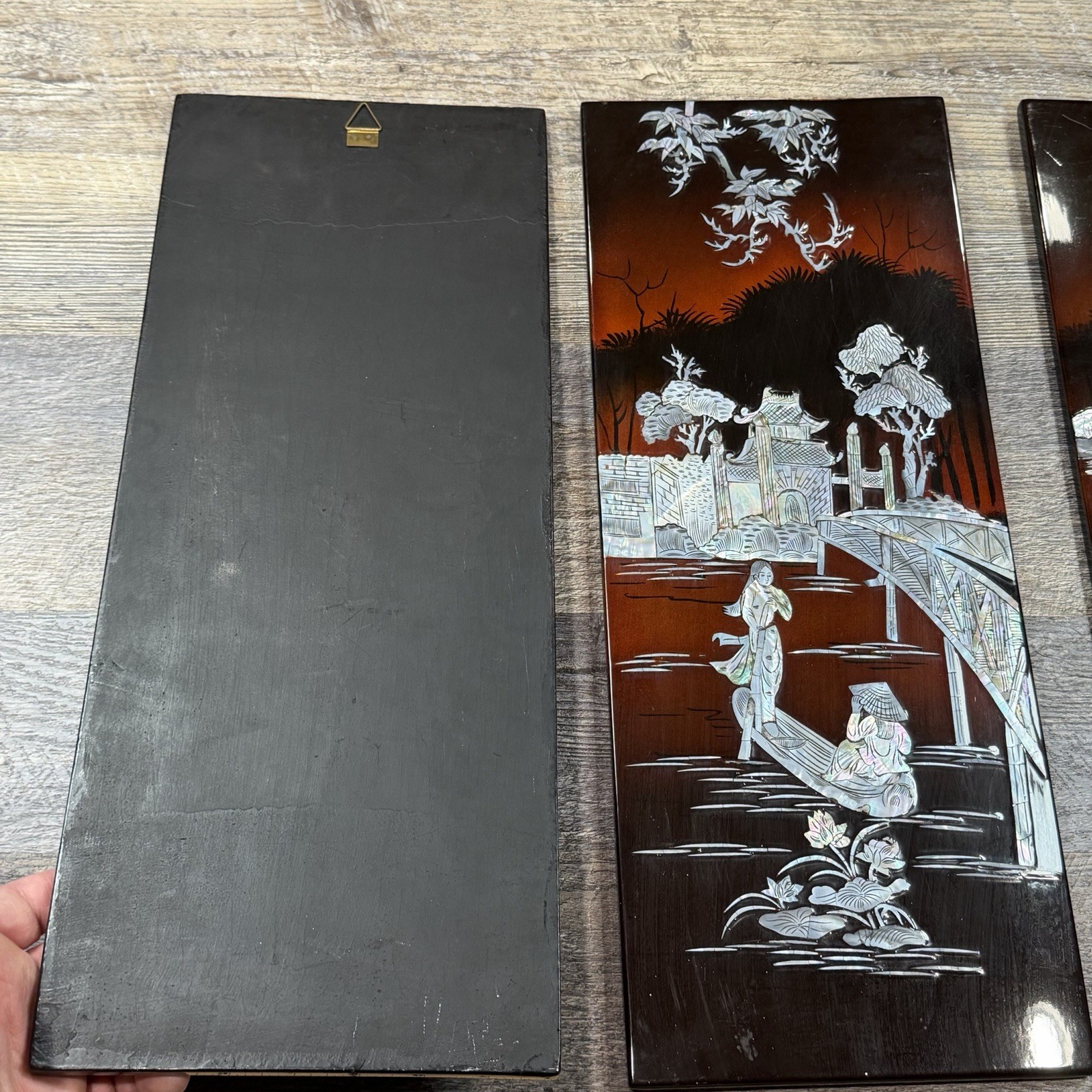 3 Vintage Asian Mother of Pearl Inlay Red Lacquer Wall Panels Village Landscape