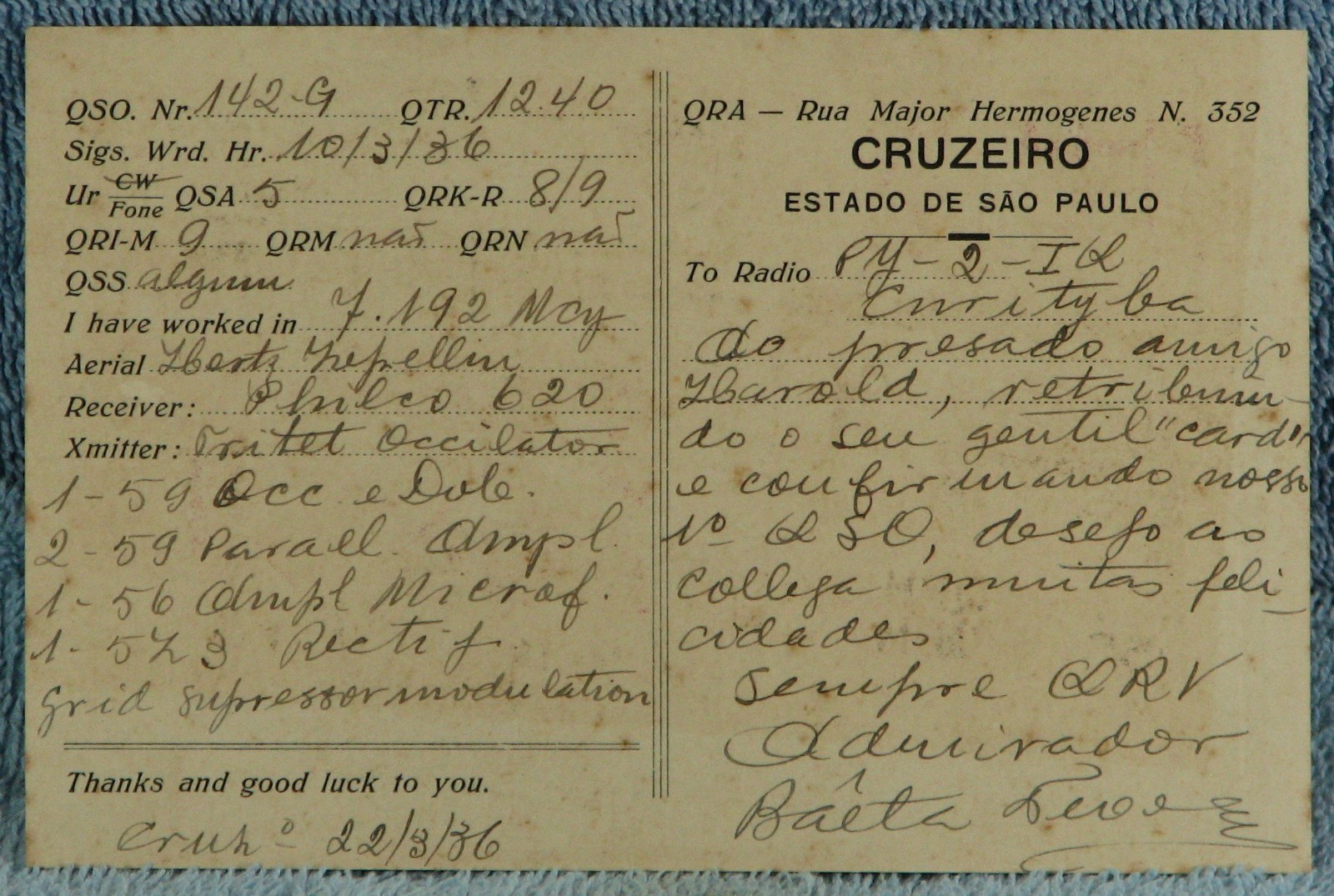 QSL - Amateur Radio Call Sign Card, Brazil, Graf & Hindenburg Zeppelins, 1936
