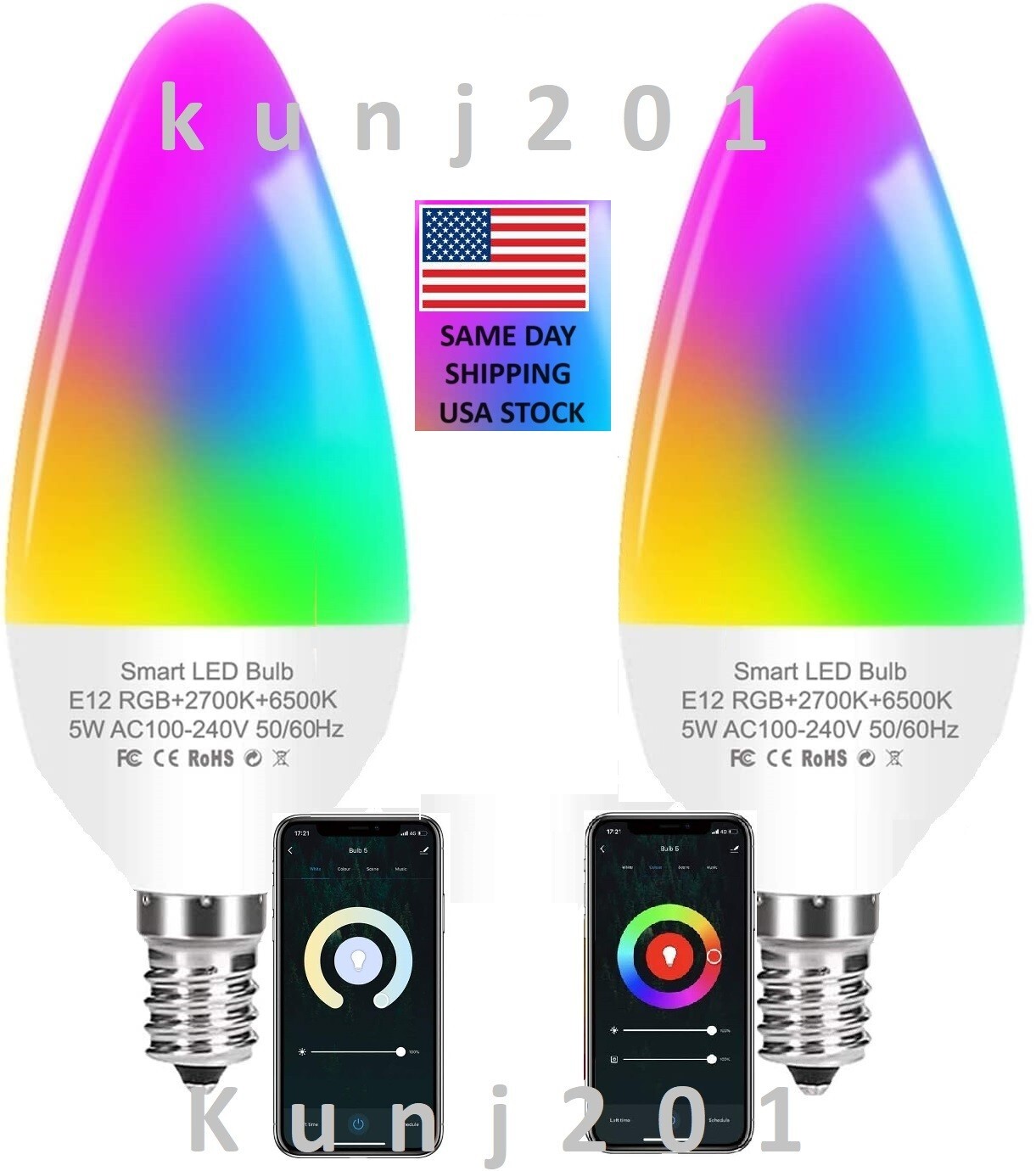 2x E12 LED RGB Candelabra Smart Christmas Light Bulbs Google Alexa App FreeShip!