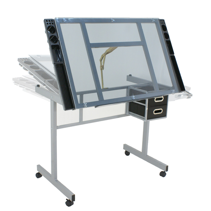 Drawing Desk Station Tempered Glass Adjustable Drafting Table W/ 4 Wheels Home