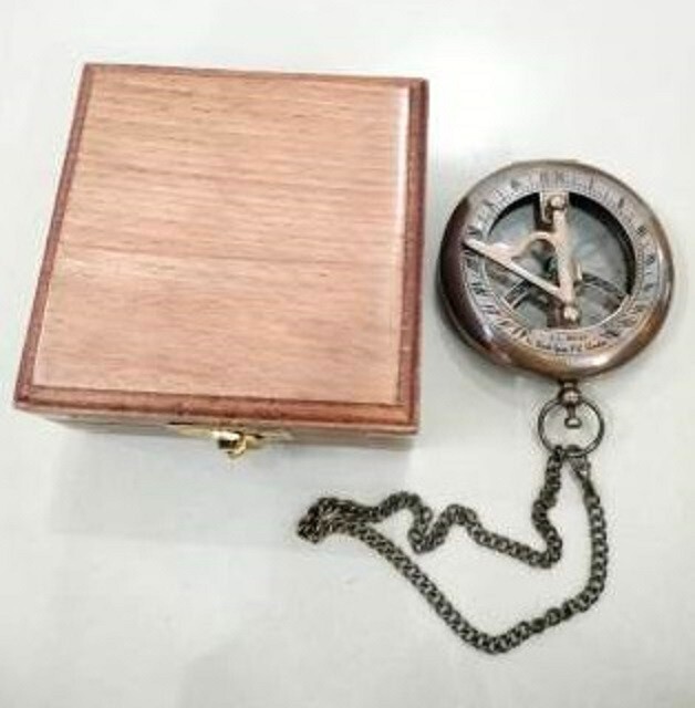 Sun Dial Pocket Watch Brass Compass Chain Antique Old Gold Lustre Wooden Box UK