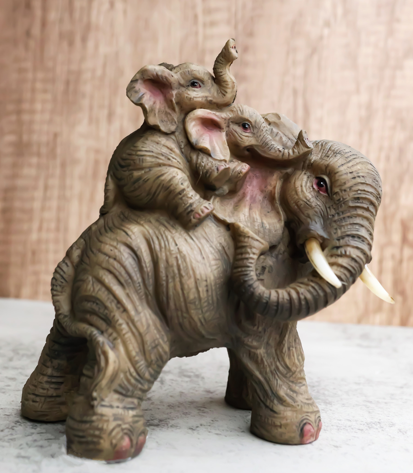 Small Wildlife Elephant Father And 2 Calves On Piggyback Playing Statue 5.25"H